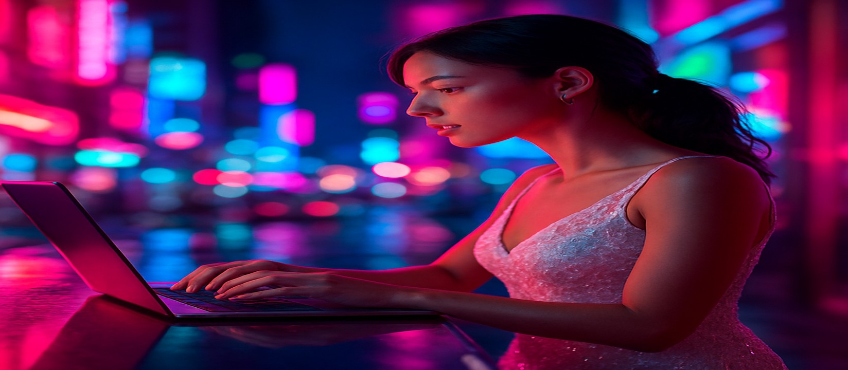 নিয়ন আলোয় বসে 111bd ল্যাপটপে এভিয়েটর গেম খেলছেন একজন নারী