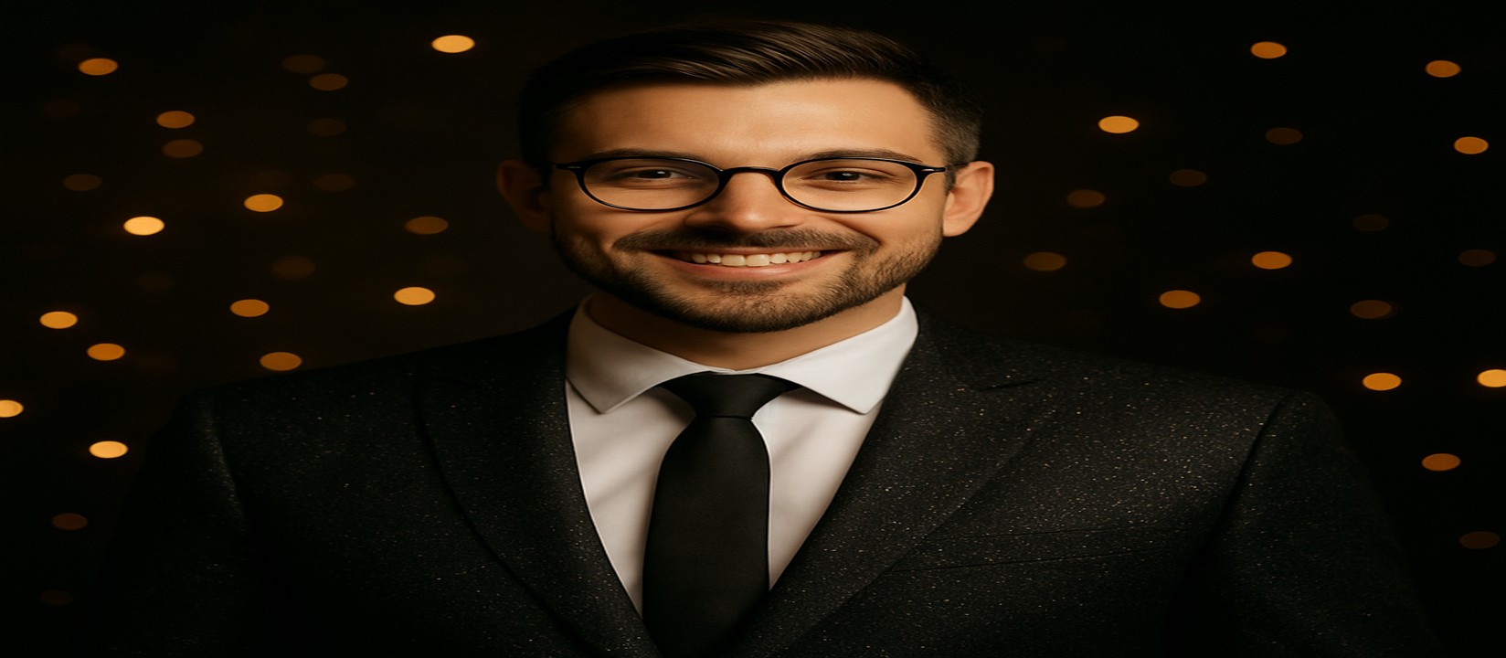 কালো স্যুট পরা এক আত্মবিশ্বাসী ব্যক্তি, চারপাশে ছড়িয়ে থাকা সোনালি আলো 111bd