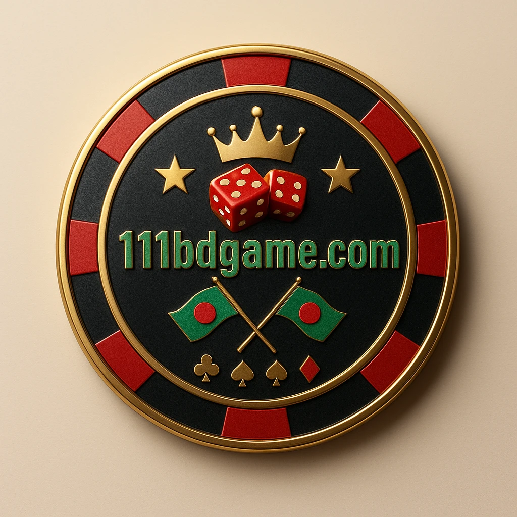 111bd লোগোসহ সোনালি গেমিং প্ল্যাটফর্ম আইকন: চিপ, মুকুট, তারা, বাংলাদেশের পতাকা ও কার্ড-চিহ্ন