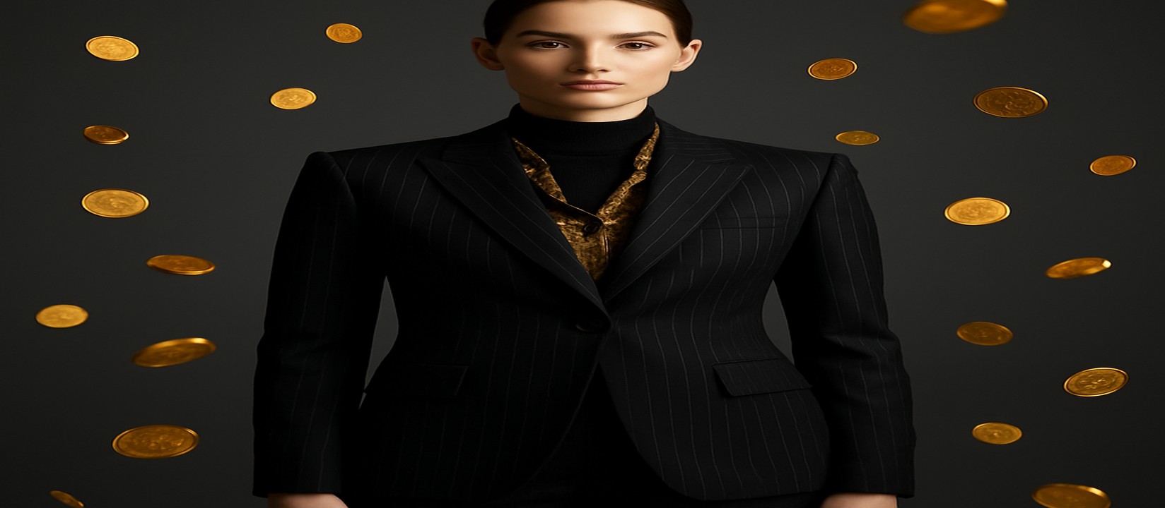 111bd–এর গেমিং দৃশ্য: কালো ডোরাকাটা পোশাক পরা এক নারী, সোনালি আলোয় উদ্ভাসিত, চারপাশে ভাসমান সোনার কয়েন