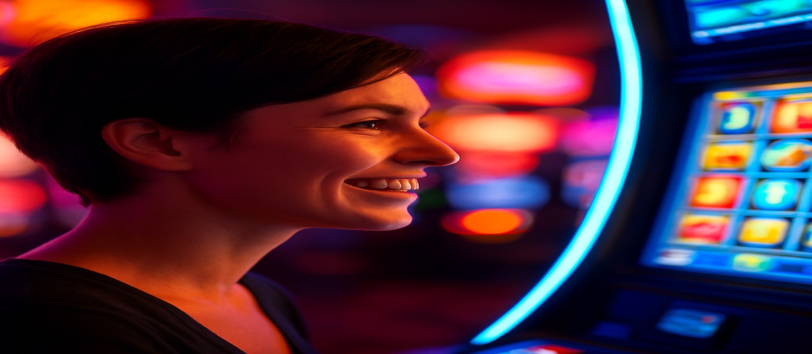 111bd বর্ণিল আলোয় আর্কেড গেম খেলার সময় হাসিখুশি নারী