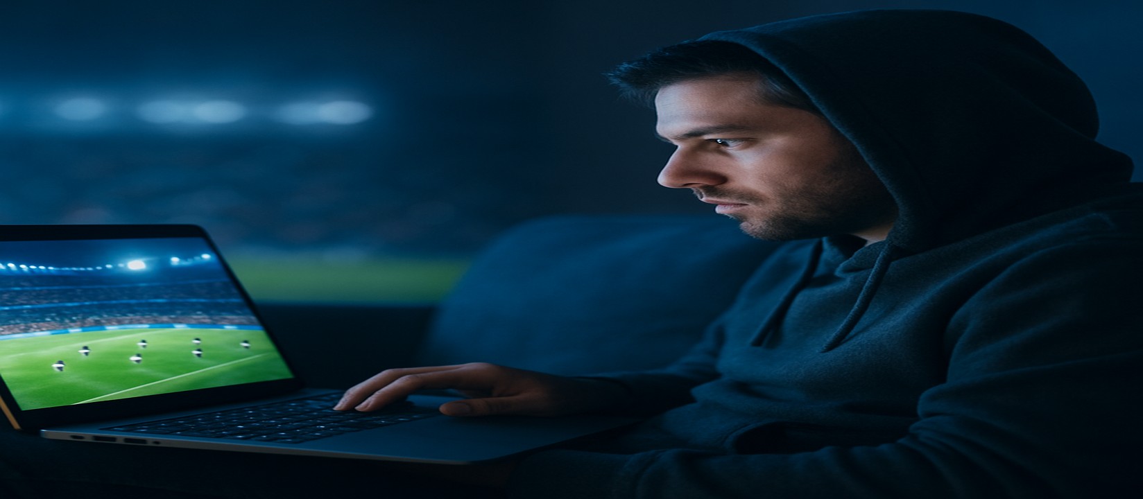 সোফায় আরাম করে বসে ল্যাপটপে গেম খেলার একজন ব্যবহারকারী